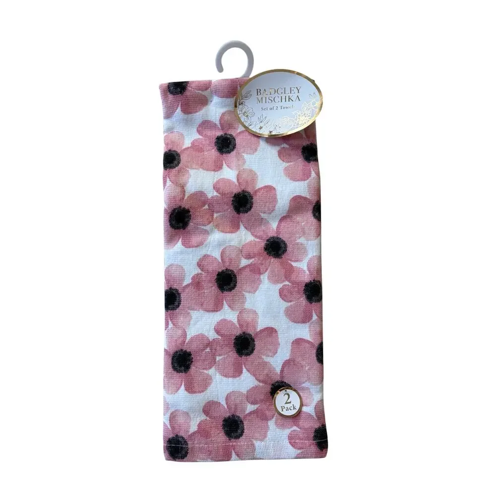 Badgley Mischka Pink Daisy Kitchen Towels 2pc 100% Cotton Designer Decor NEW